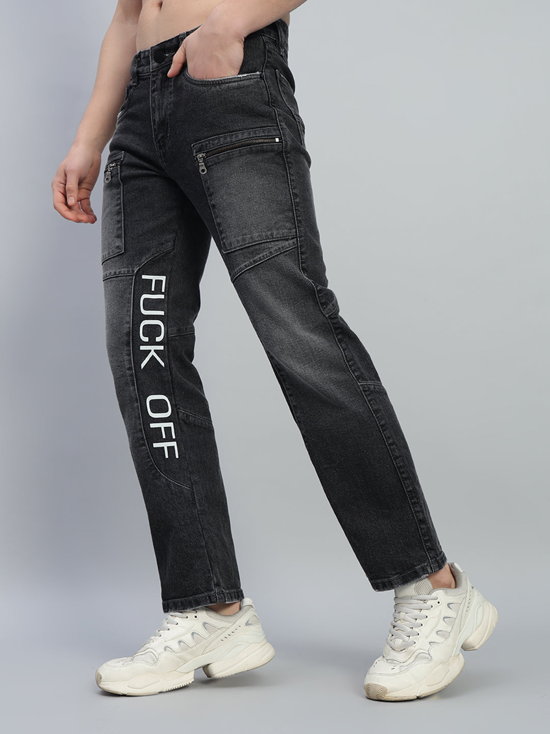 FUCK OFF REGULAR FIT DENIM JEANS (BLACK)