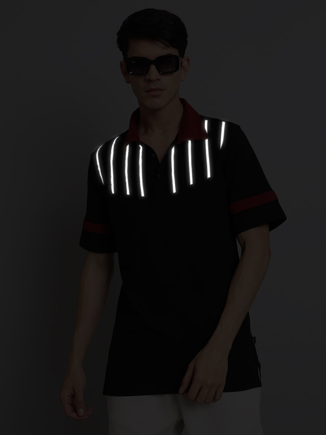 Black Reflector Stripe Polo Neck T-Shirt - Wearduds