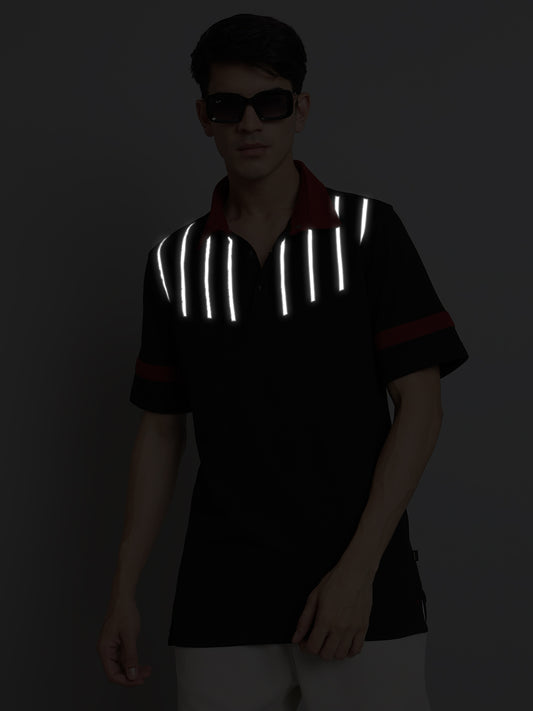 black reflector stripe polo neck t shirt