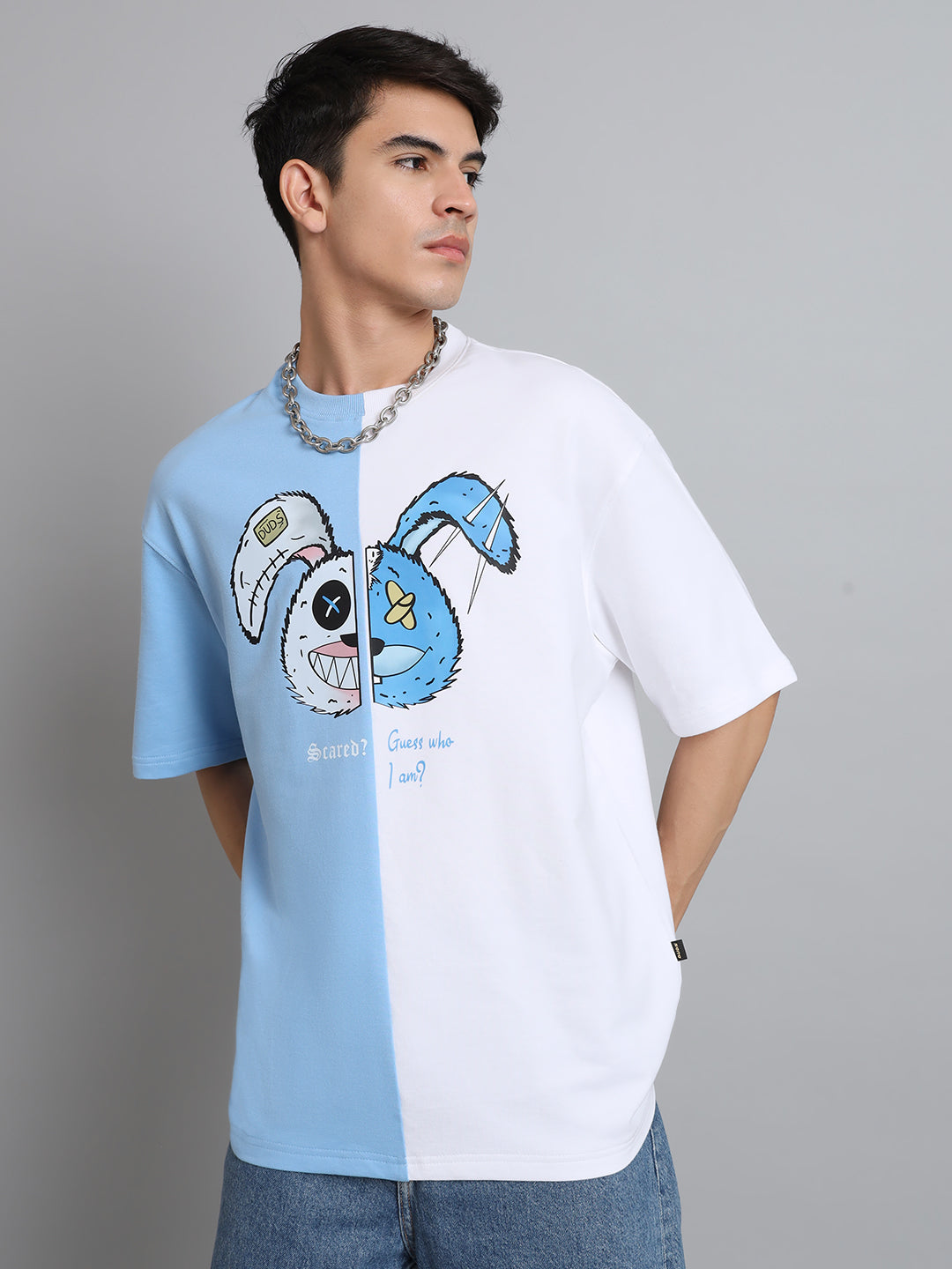 Scared Teddy Oversized T-Shirt (Sky Blue-White) - Wearduds