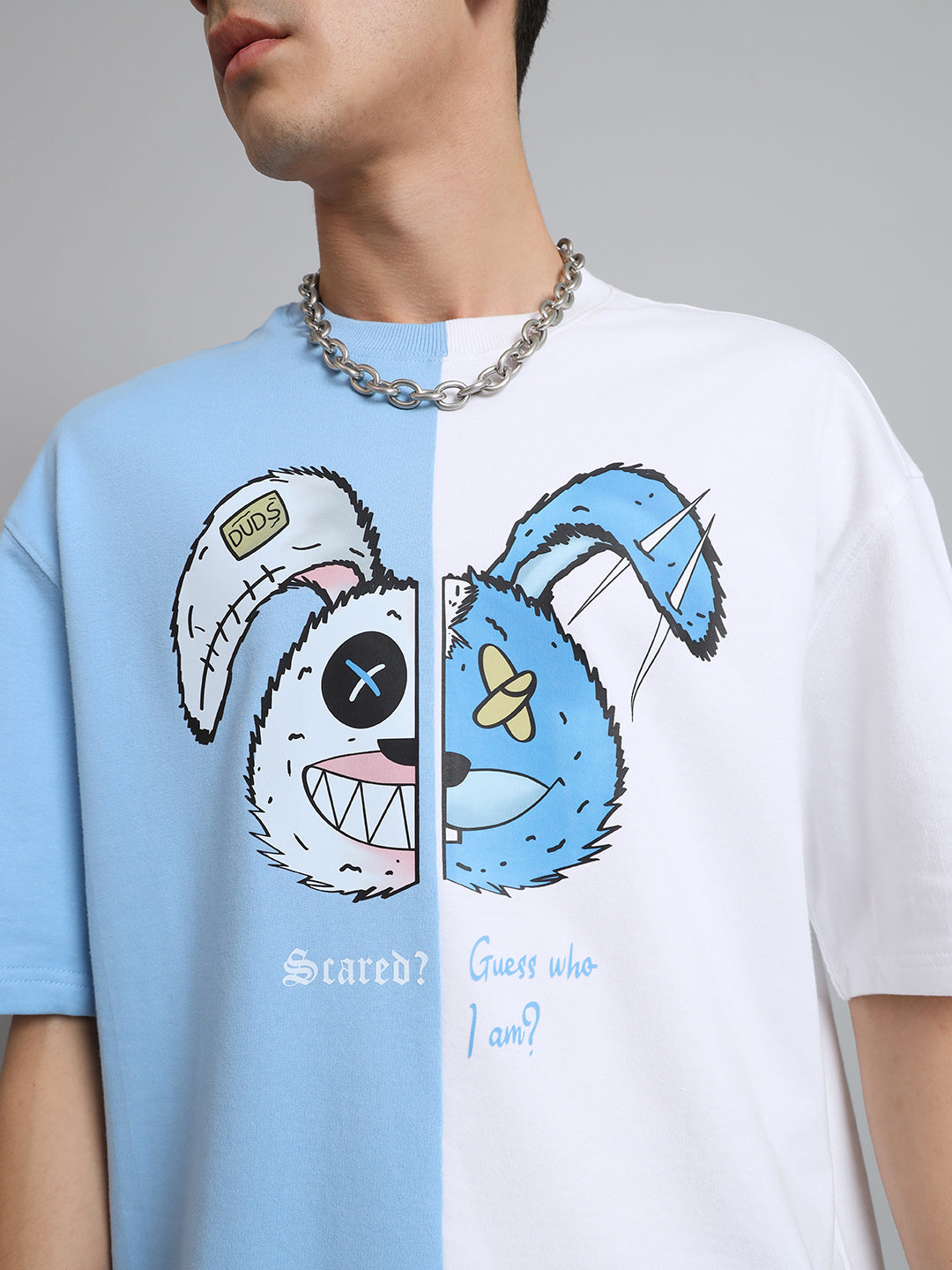 Scared Teddy Oversized T-Shirt (Sky Blue-White) - Wearduds