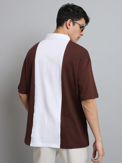 Brown & White Oversized Polo Zipper T-Shirt - Wearduds