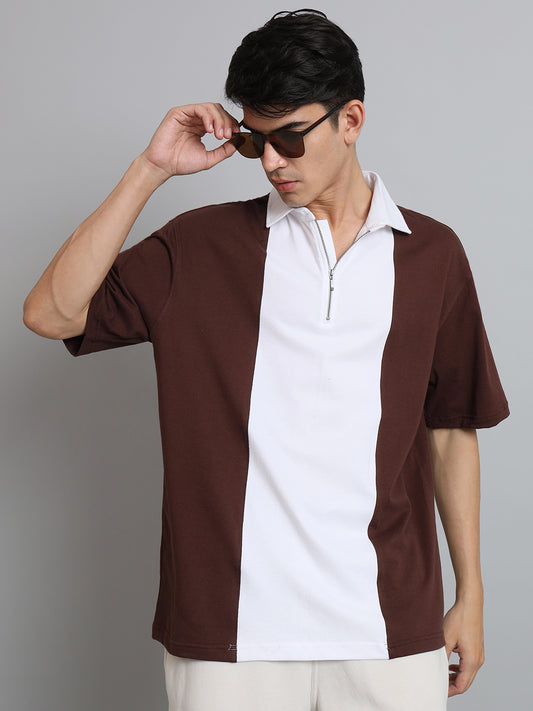 brown white oversized polo zipper t shirt