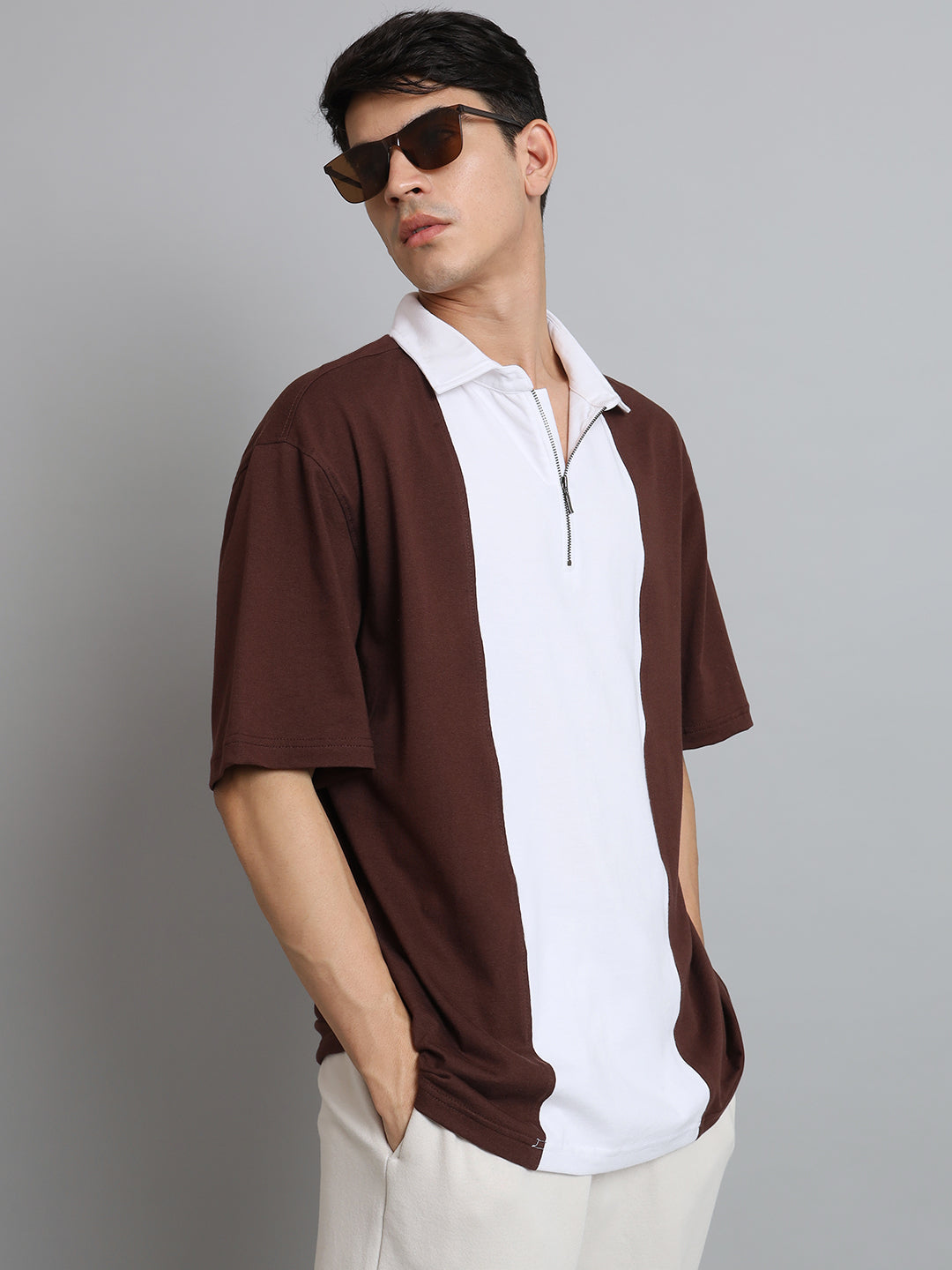 Brown & White Oversized Polo Zipper T-Shirt - Wearduds