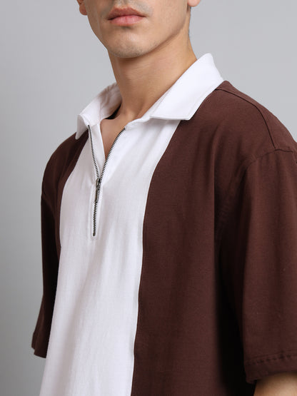 Brown & White Oversized Polo Zipper T-Shirt - Wearduds