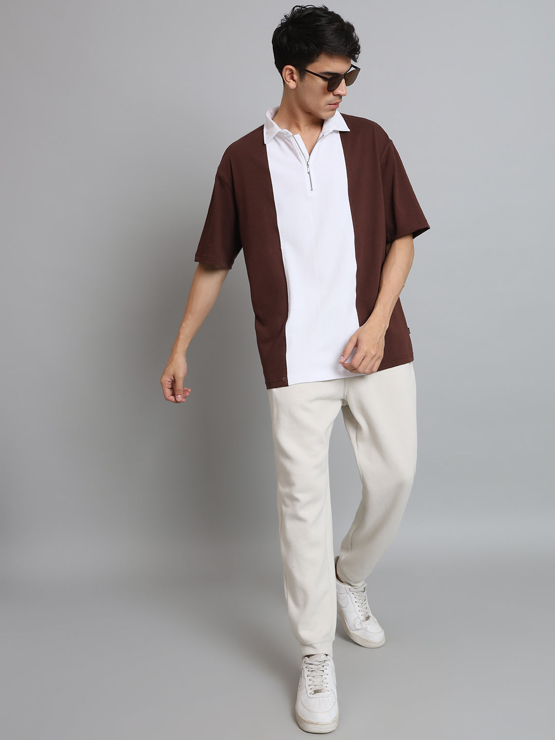 Brown & White Oversized Polo Zipper T-Shirt - Wearduds