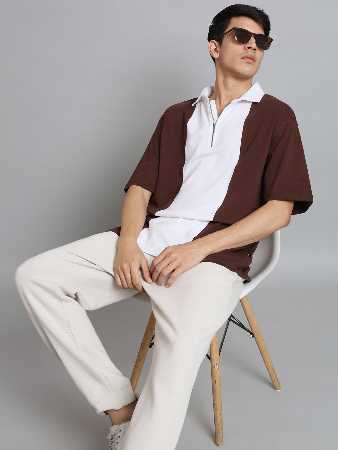 Brown & White Oversized Polo Zipper T-Shirt - Wearduds