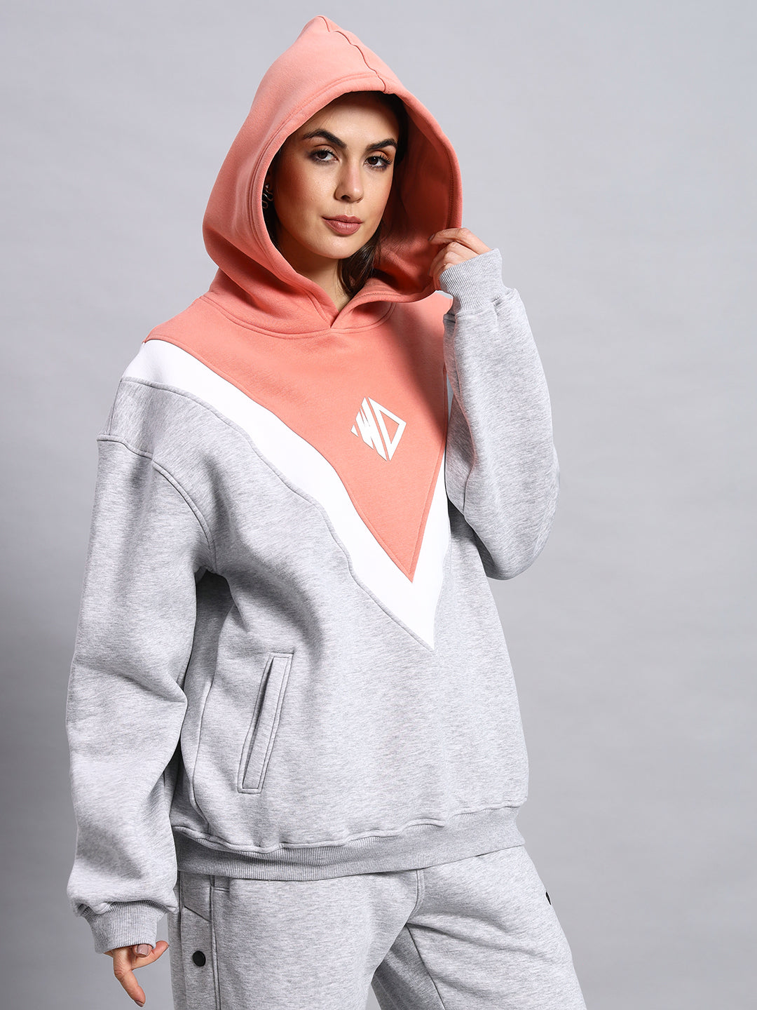 Women's Polar Colorblock Hoodie (Grey-Peach)