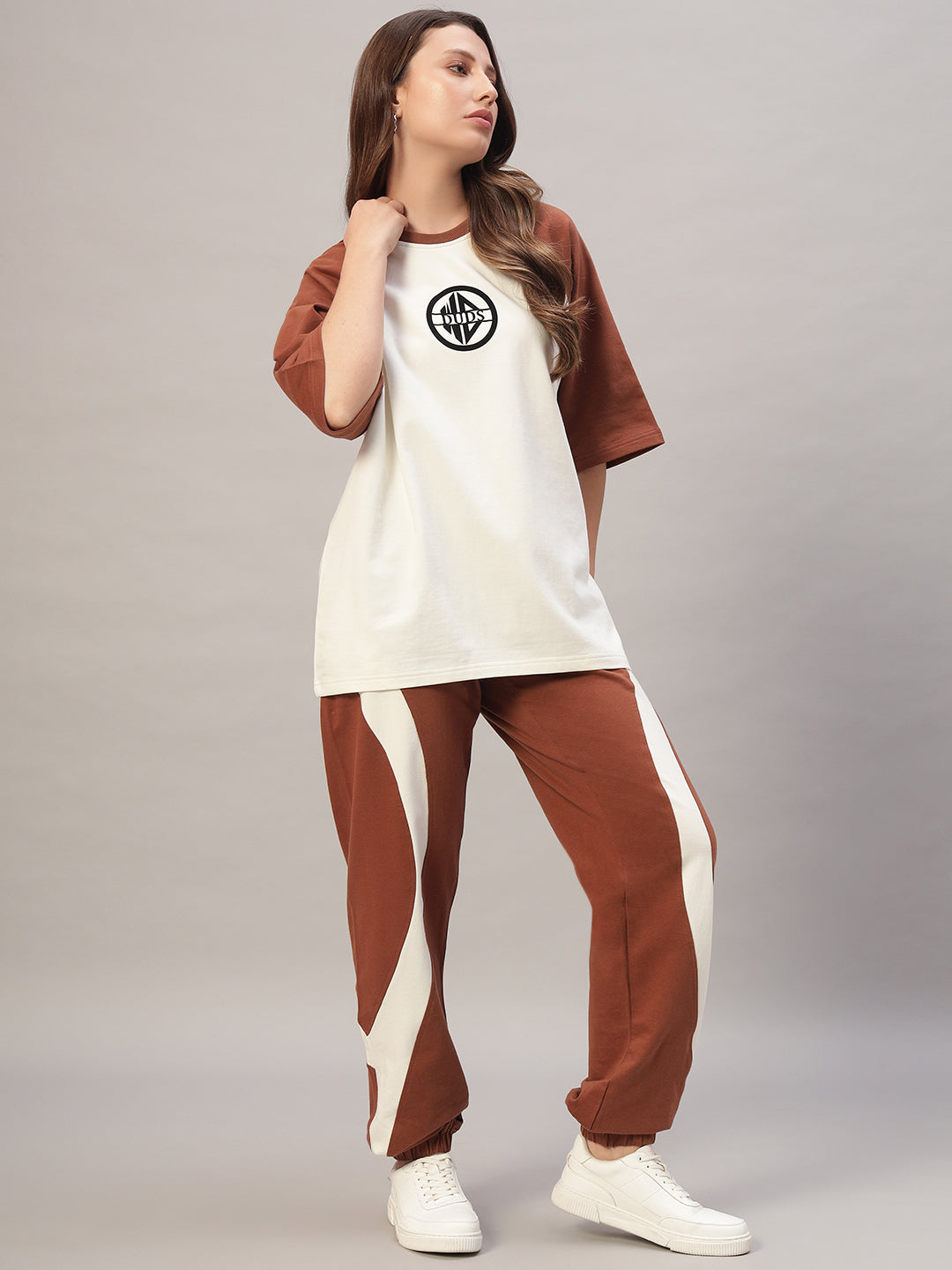 Women's Cocoa Co-Ord Set (Off White-Brown)