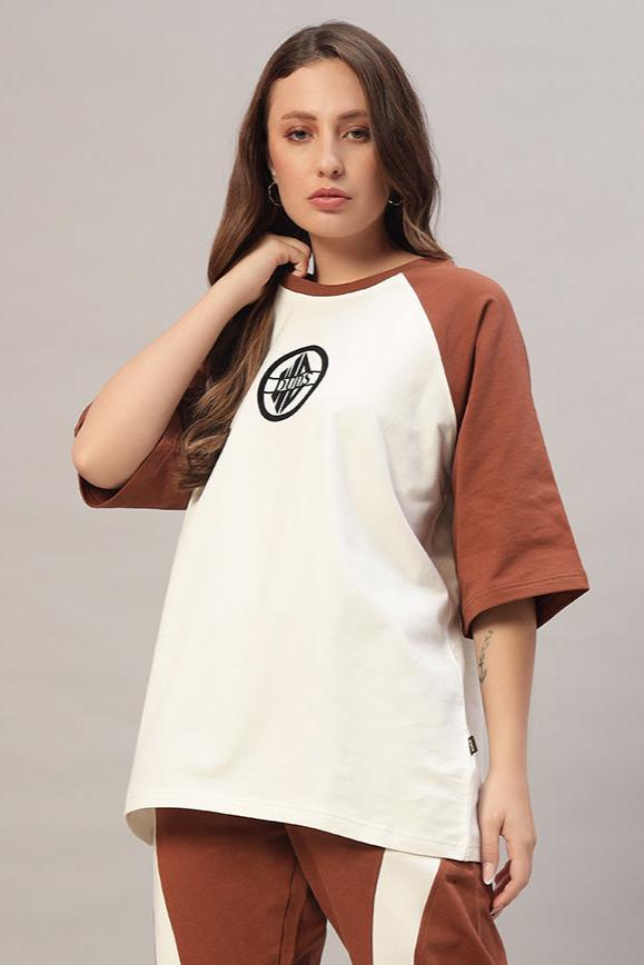 Women's Chestnut Raglan Blocked Oversized T-Shirt (Off White-Brown)