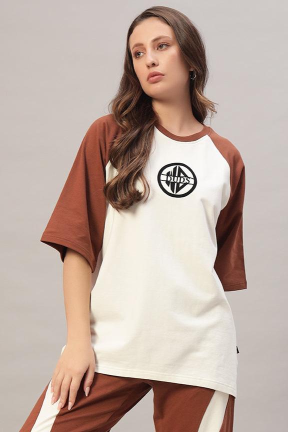 Women's Chestnut Raglan Blocked Oversized T-Shirt (Off White-Brown)