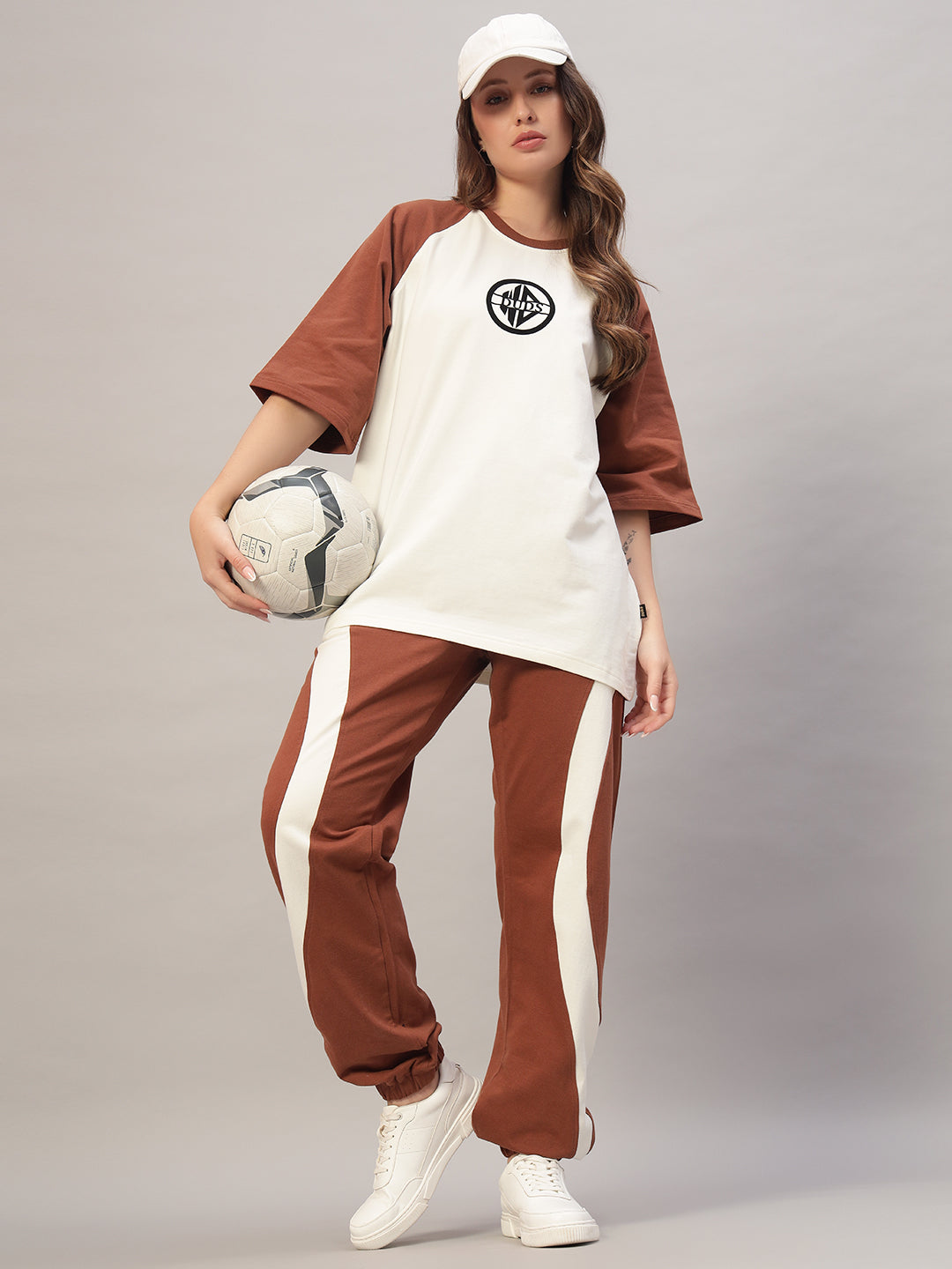 Women's Chestnut Raglan Blocked Oversized T-Shirt (Off White-Brown)