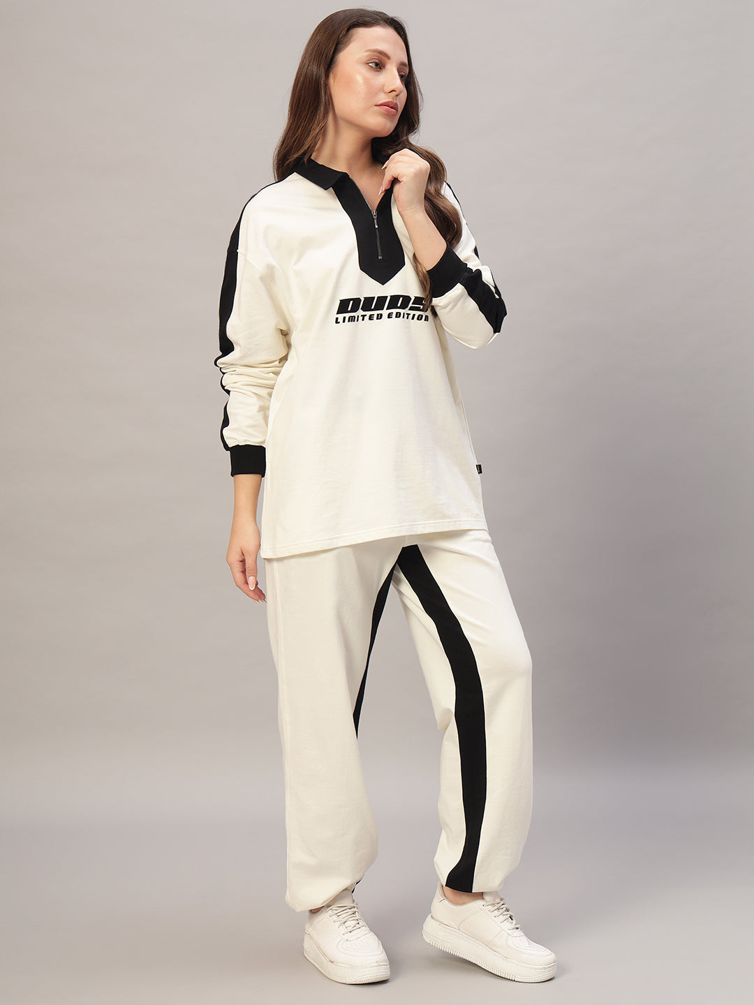 Women's Splinter Oversized CO-Ord Set (Off White-Black)