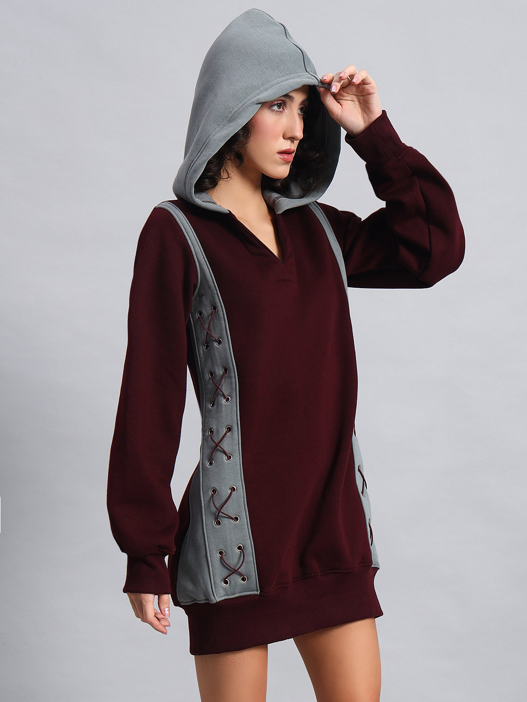 Criss Cross Fleece Hoodie (Wine-Grey)