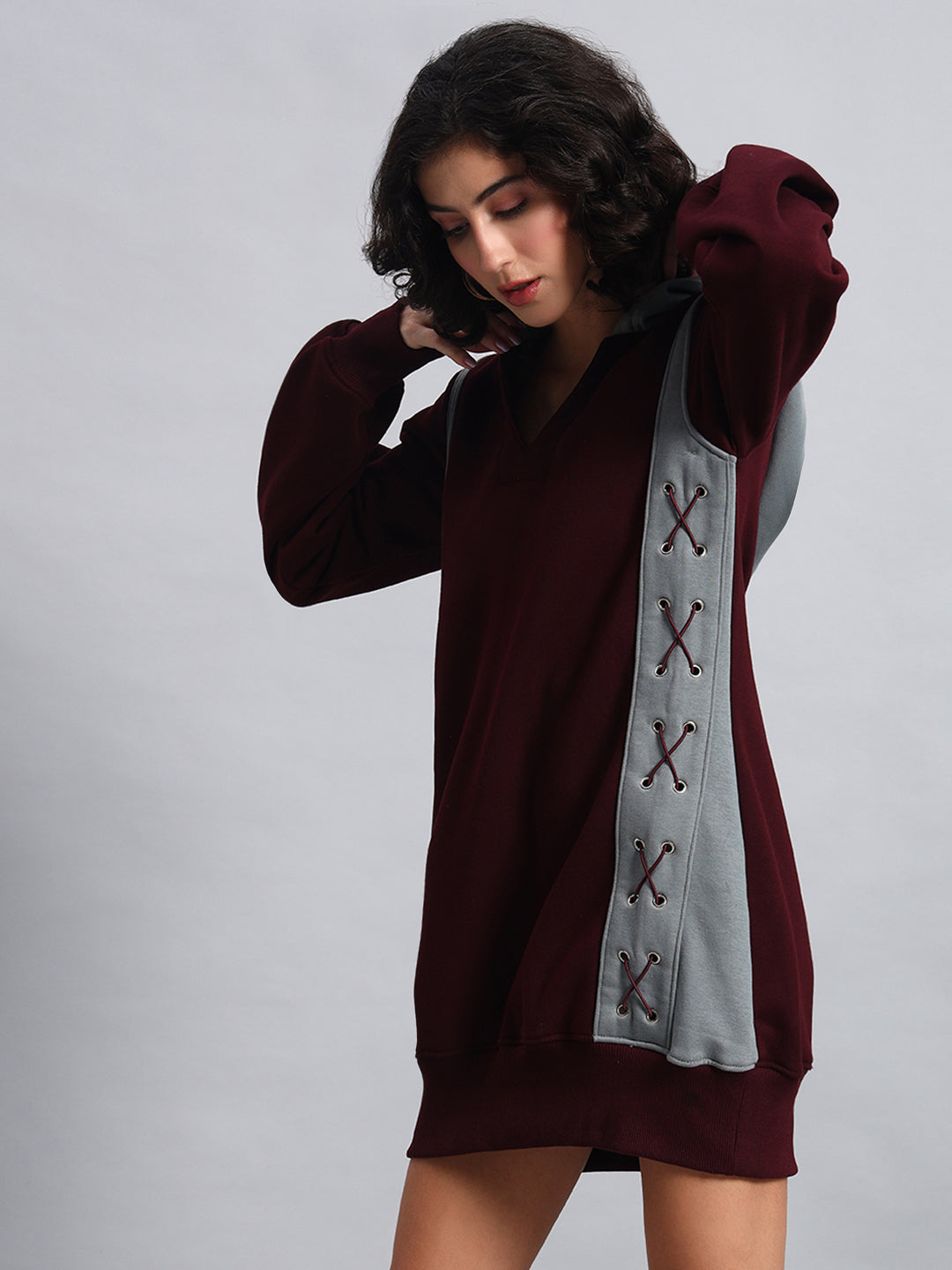 Criss Cross Fleece Hoodie (Wine-Grey)