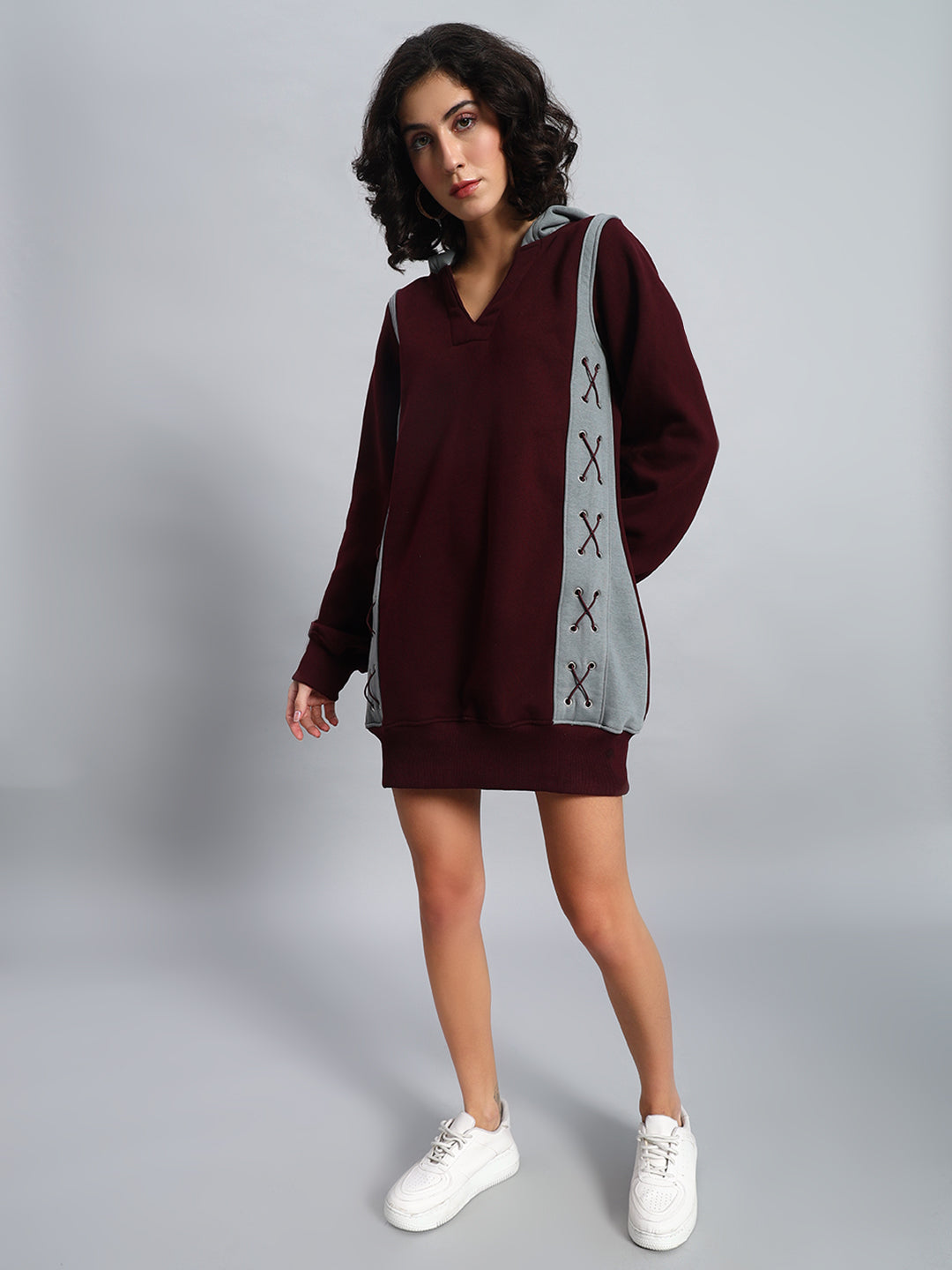 Criss Cross Fleece Hoodie (Wine-Grey)