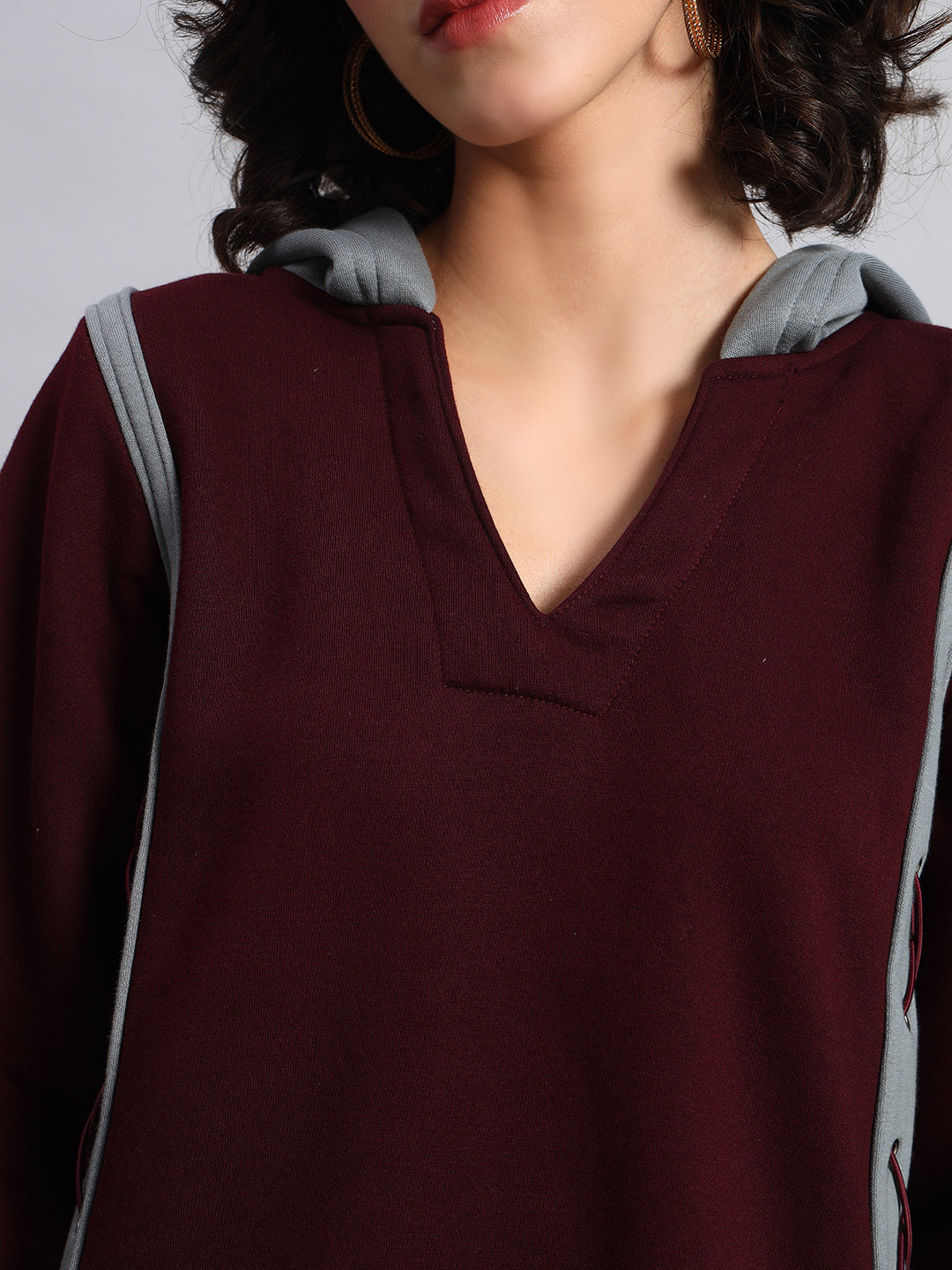 Criss Cross Fleece Hoodie (Wine-Grey)