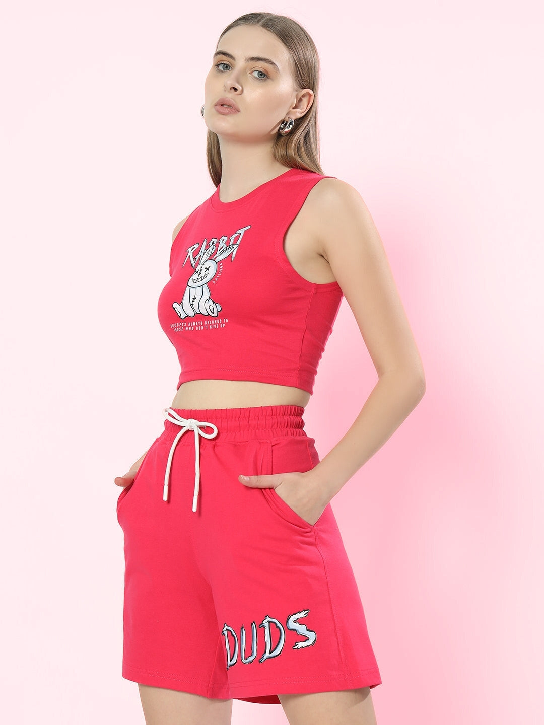 Women's Positive Rabbit Co-Ord Set with Print (Pink)