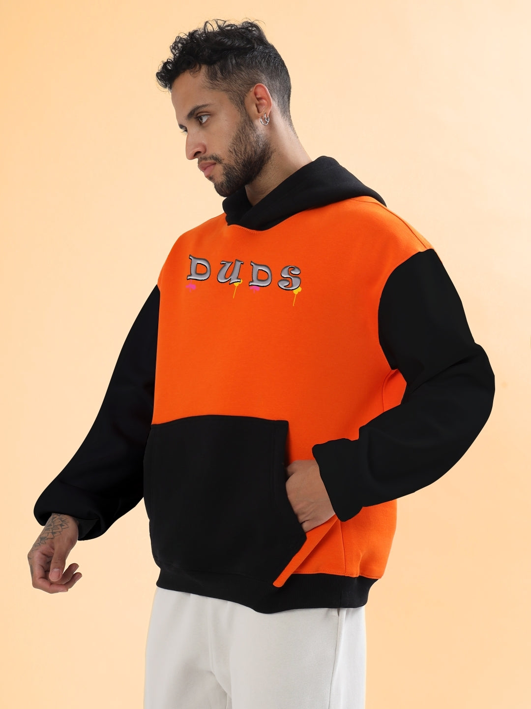 Cool Teddy Colorblock Oversize Hoodie (Orange-Black)