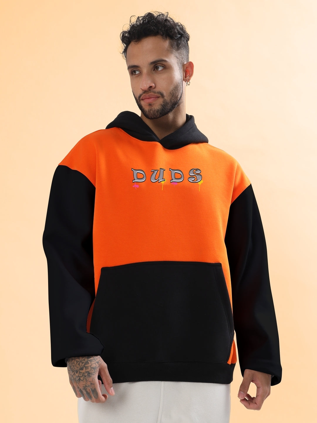 Cool Teddy Colorblock Oversize Hoodie (Orange-Black)