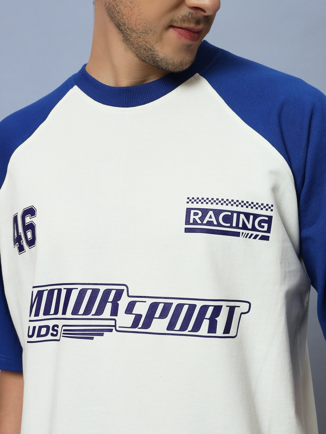 Motor Sport Raglan Oversized T-Shirt (Off White-Blue)