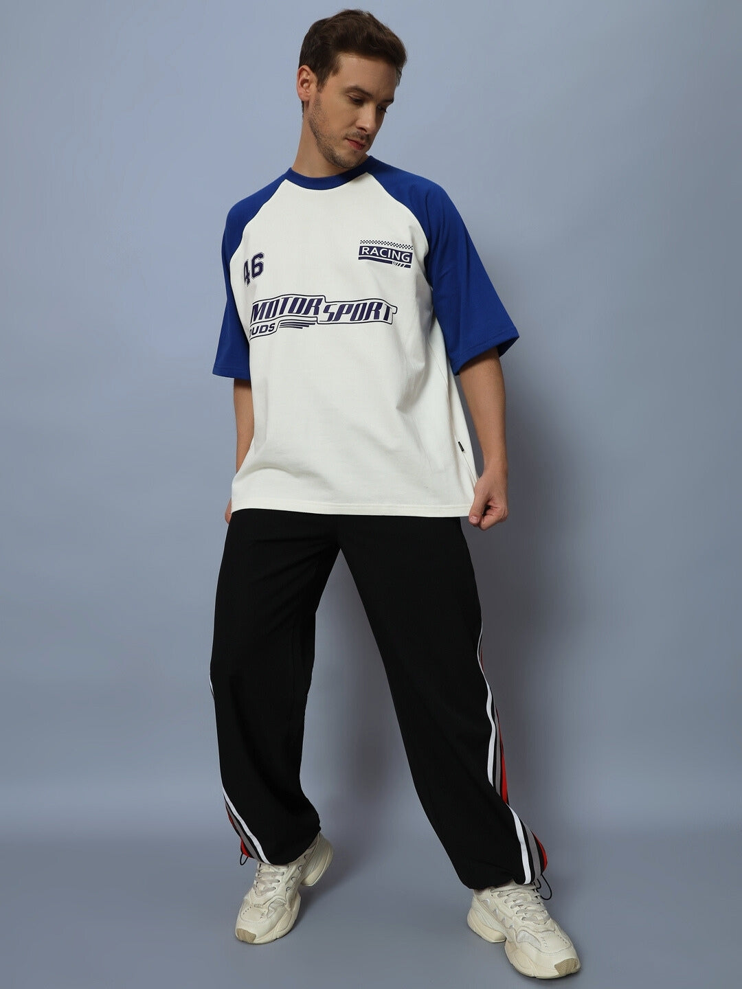 Motor Sport Raglan Oversized T-Shirt (Off White-Blue)