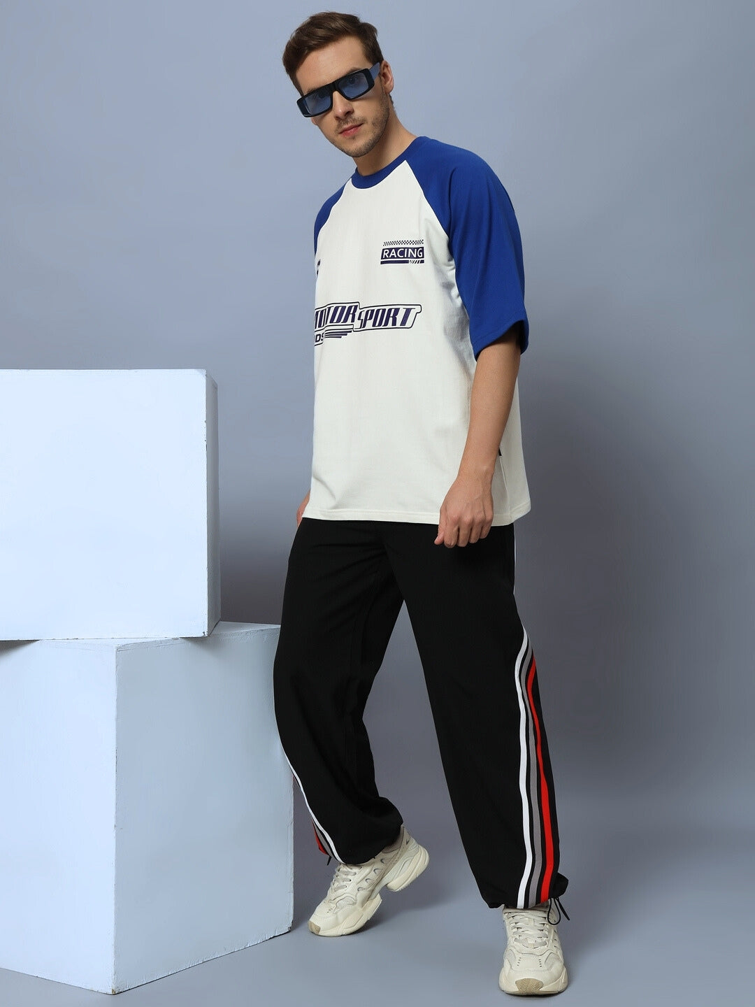 Motor Sport Raglan Oversized T-Shirt (Off White-Blue)