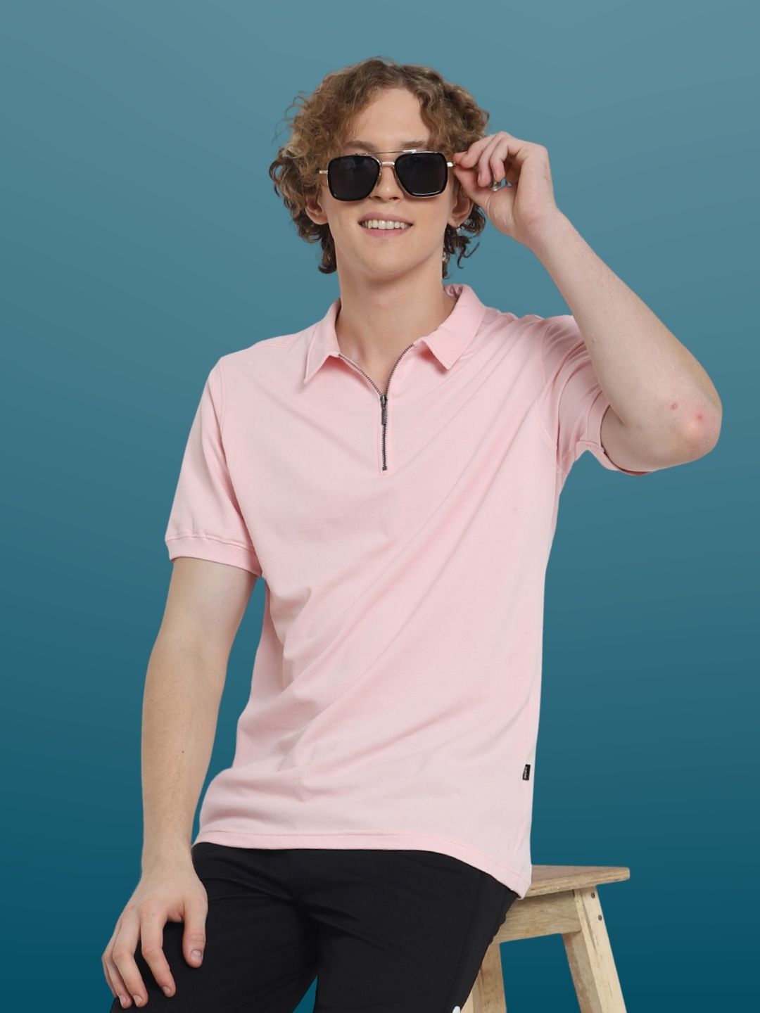 Blush Pink Polo Neck Zipper T-Shirt - Wearduds