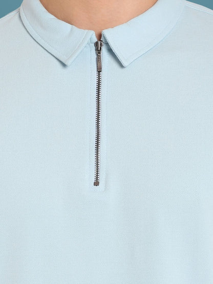 Powder Blue Polo Neck Zipper T-Shirt - Wearduds