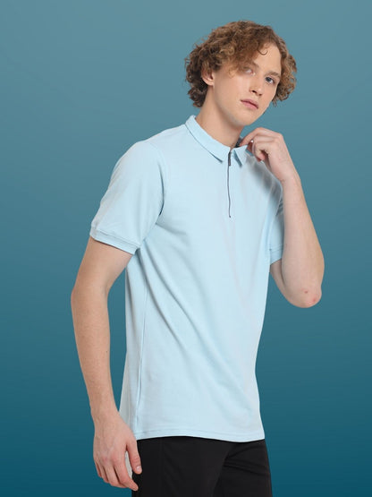 Powder Blue Polo Neck Zipper T-Shirt - Wearduds