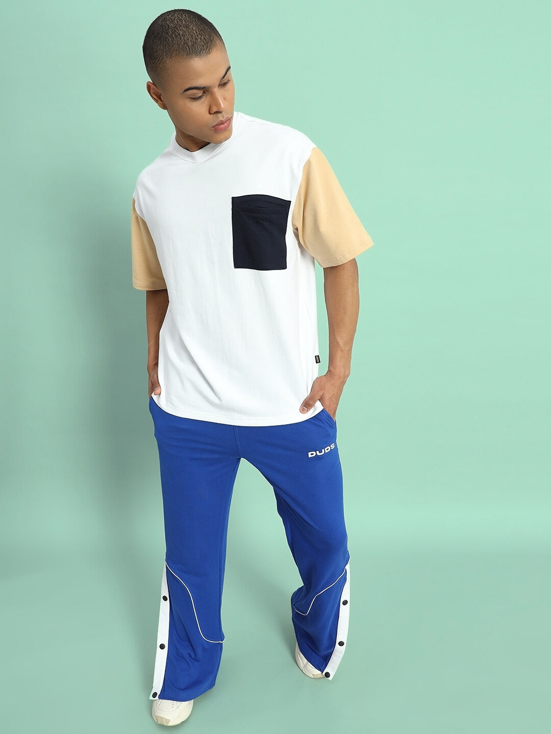 Fresco Color Blocked Oversized T-Shirt (White-Beige)