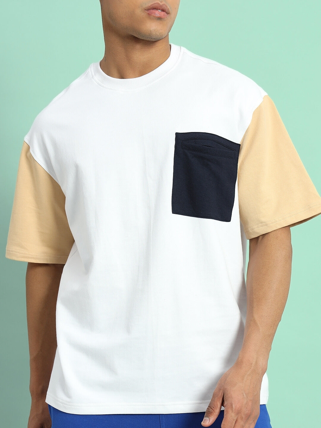 Fresco Color Blocked Oversized T-Shirt (White-Beige)