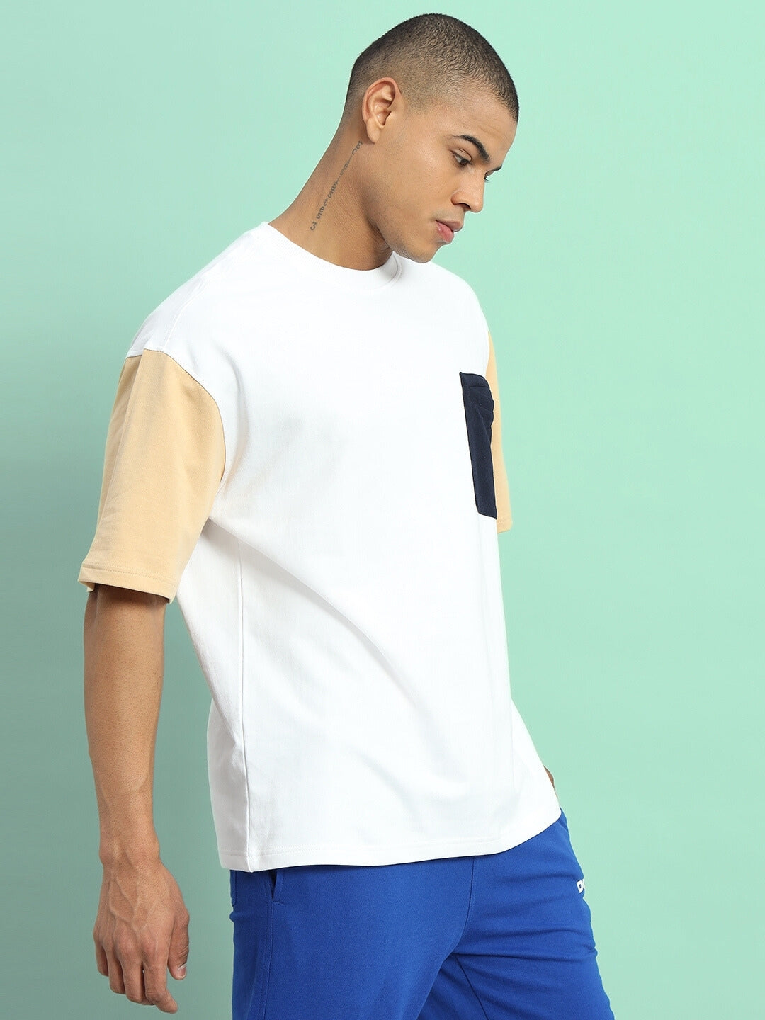 Fresco Color Blocked Oversized T-Shirt (White-Beige)