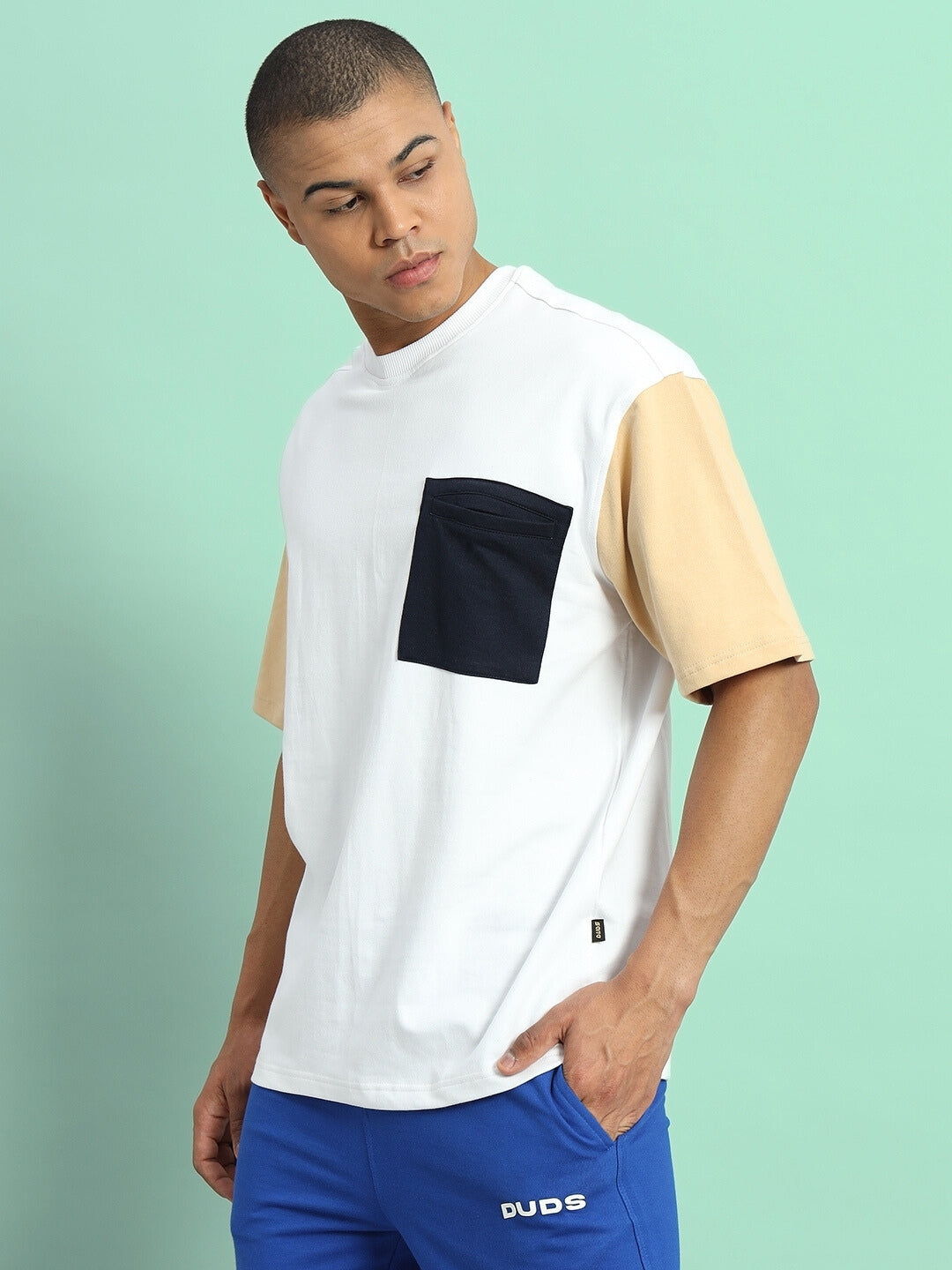 Fresco Color Blocked Oversized T-Shirt (White-Beige)