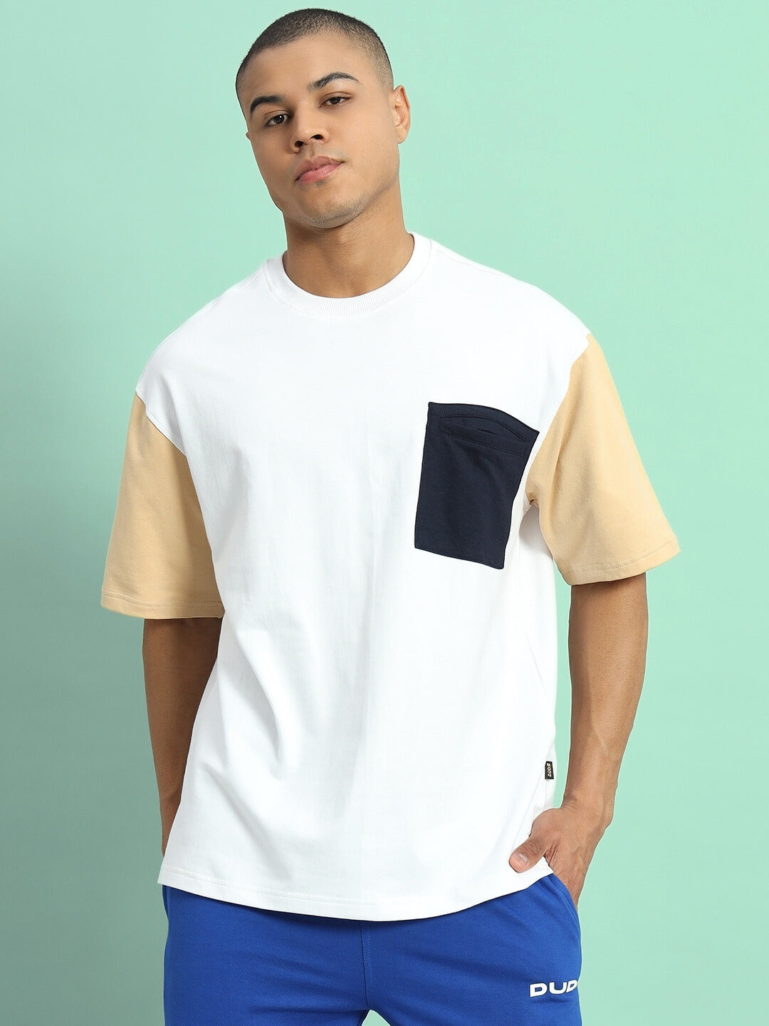 Fresco Color Blocked Oversized T-Shirt (White-Beige)