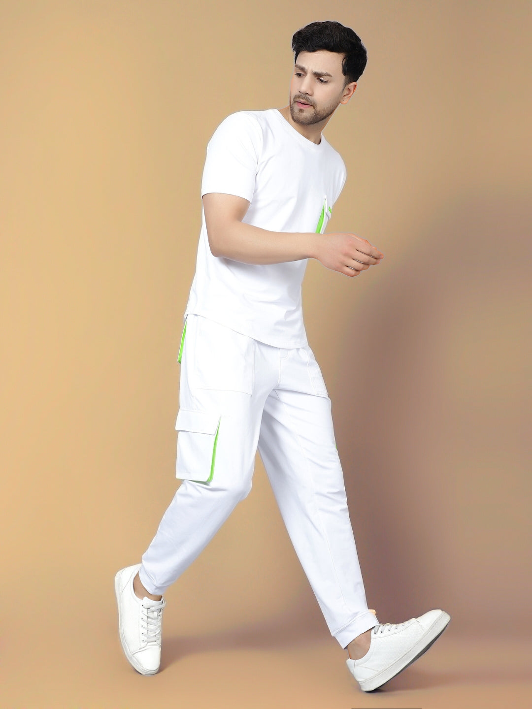 Co-Ord Set Cargo Pants with Cargo T-Shirt (White With Neon Green Highlighter)