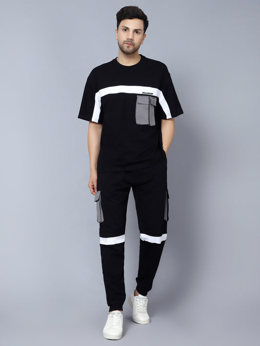 co ord set cargo pants with os t shirt black with grey patch pocket