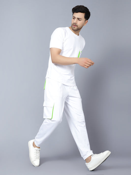 co ord set cargo pants with cargo t shirt white with neon green highlighter