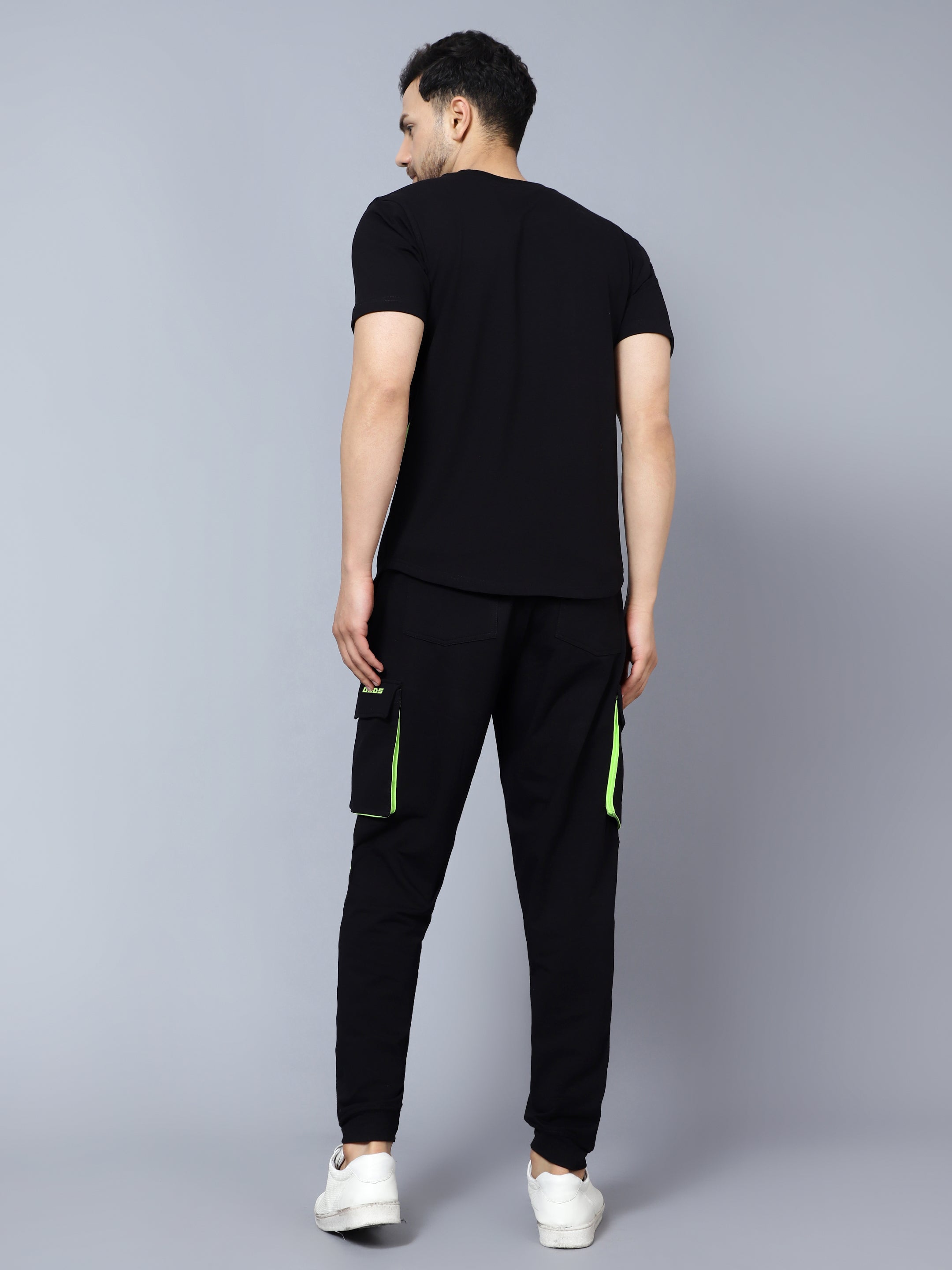 Buy Trendy Co Ord Set Cargo Pants with T Shirt Black with Neon Green Lining