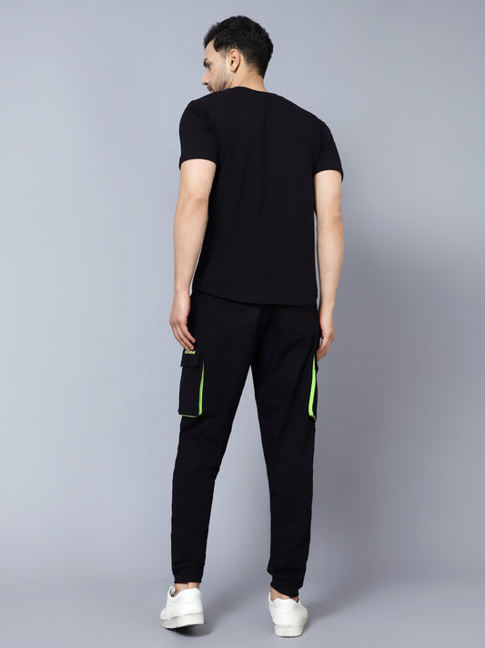 co ord set cargo pants with t shirt black with neon green lining