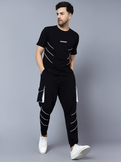 Co-Ord Set Reflective Cargo Pants with T-Shirt (Black) - Wearduds