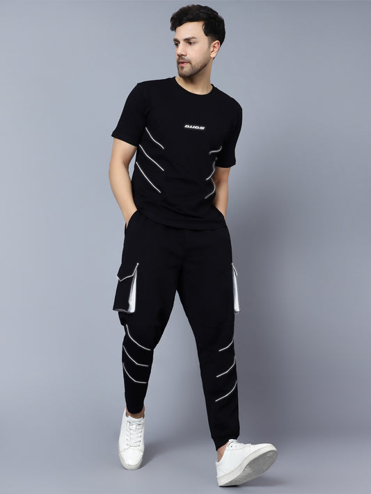 co ord set reflective cargo pants with t shirt black