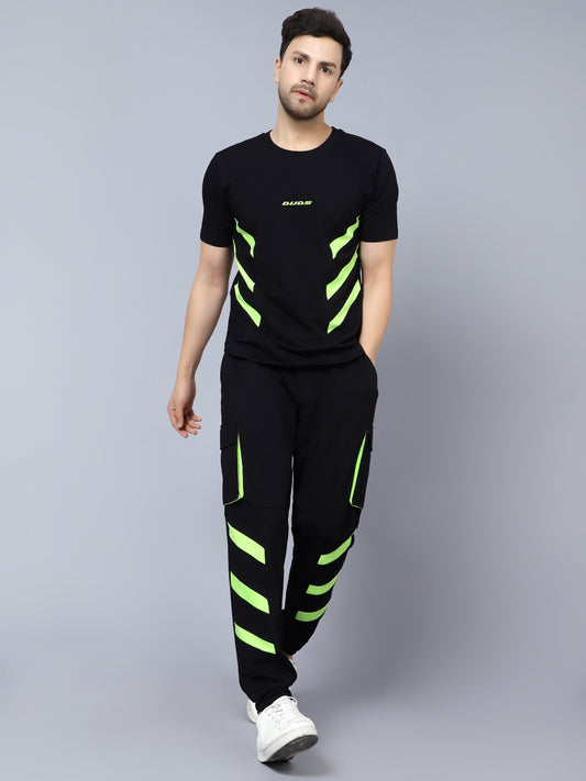 co ord set cargo pants with t shirt black with neon green lining