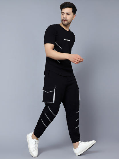 Co-Ord Set Reflective Cargo Pants with T-Shirt (Black) - Wearduds
