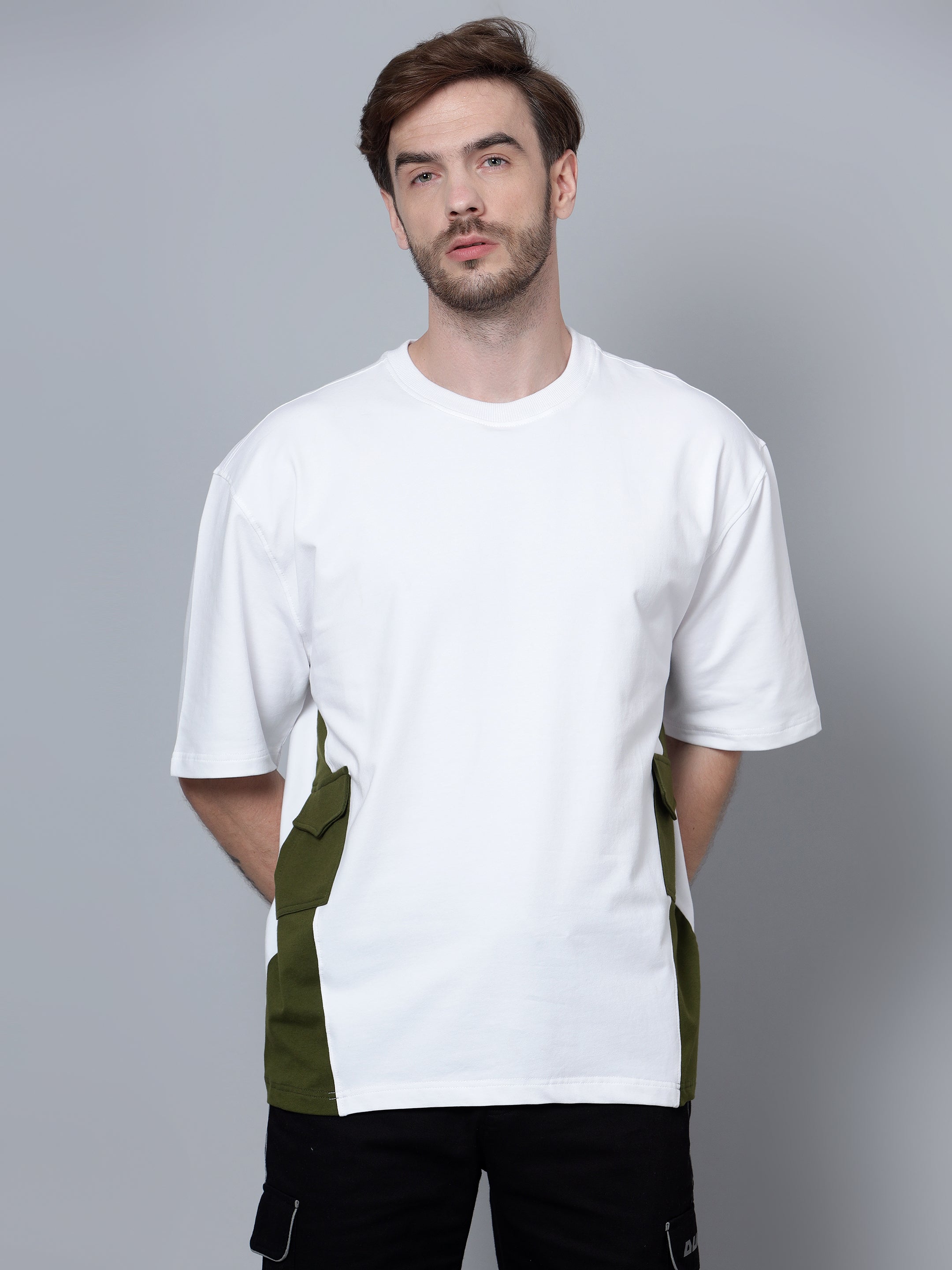 White & Military Green Pocket Over-Sized T-Shirt - Wearduds