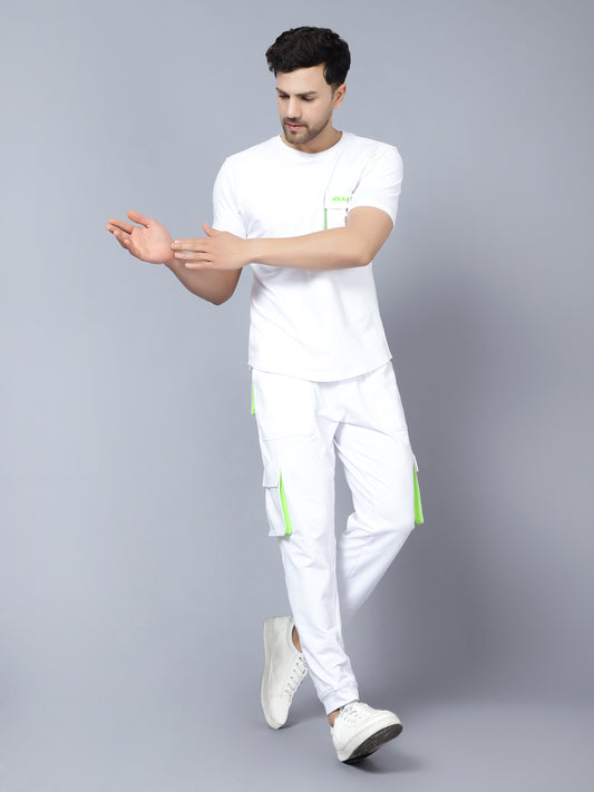 co ord set cargo pants with cargo t shirt white with neon green highlighter