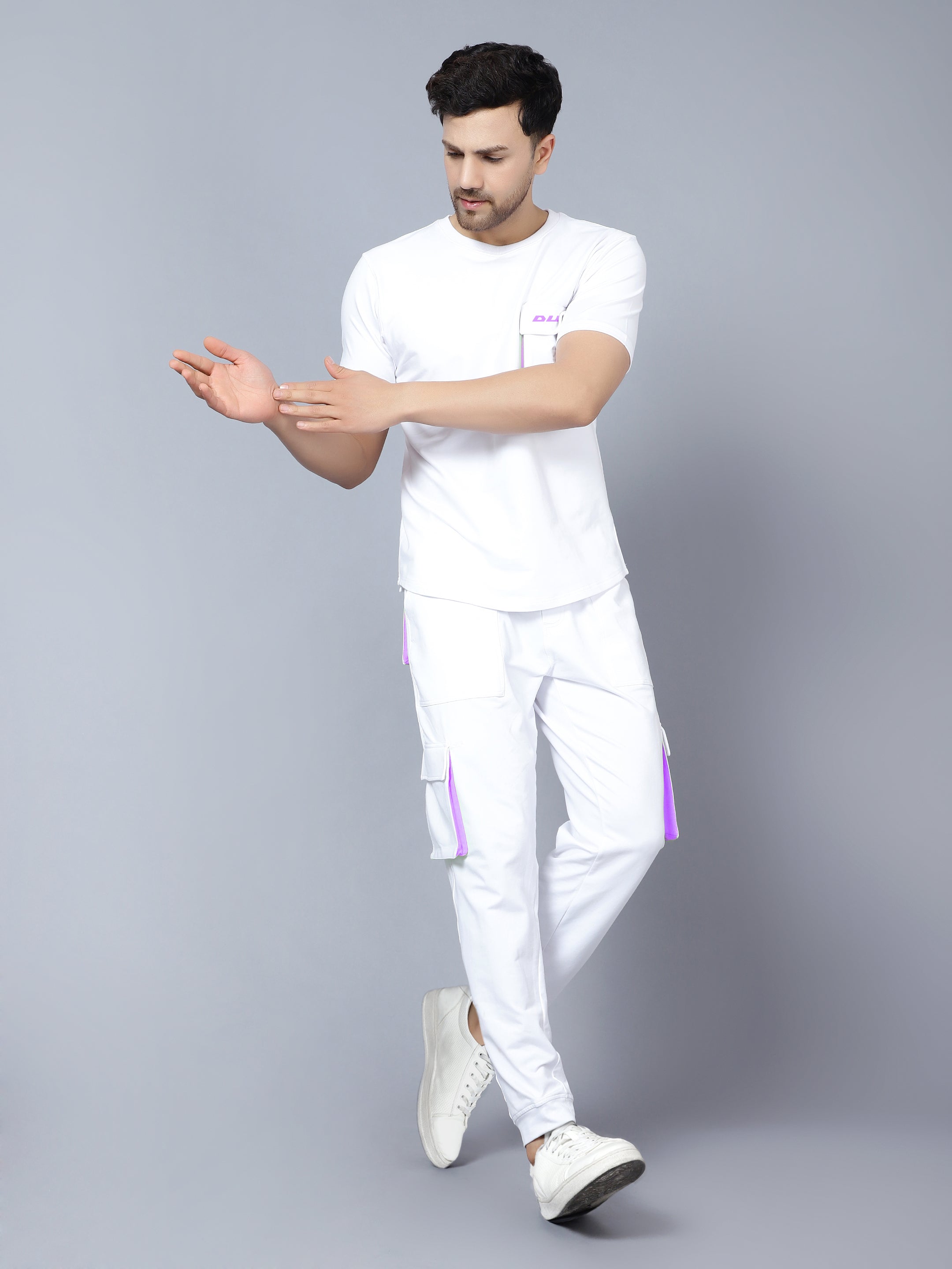 Co-Ord Set Cargo Pants with Cargo T-Shirt (White Lilac Highlighter) - Wearduds