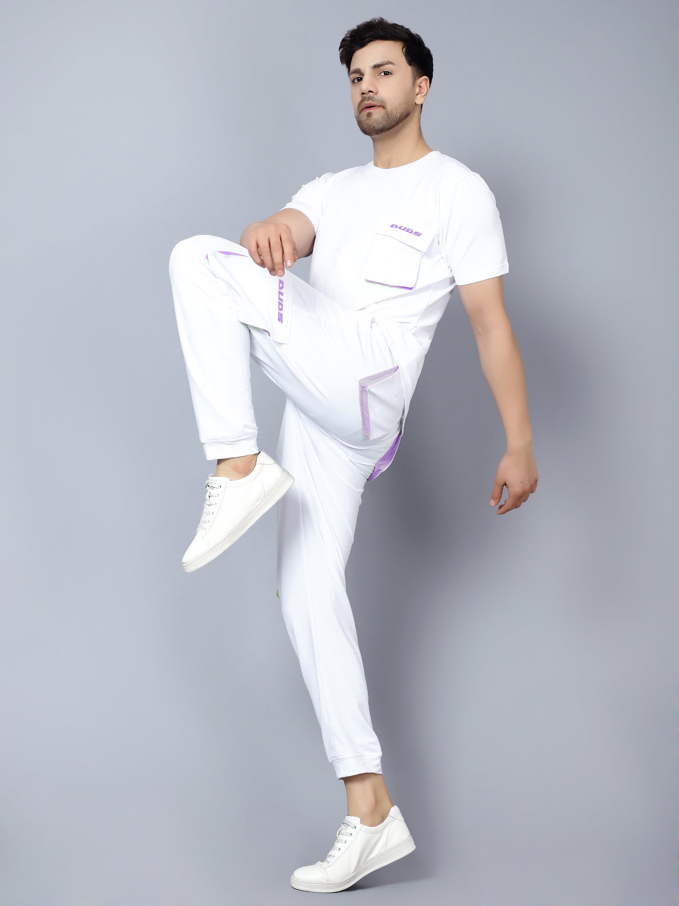 Co-Ord Set Cargo Pants with Cargo T-Shirt (White Lilac Highlighter) - Wearduds