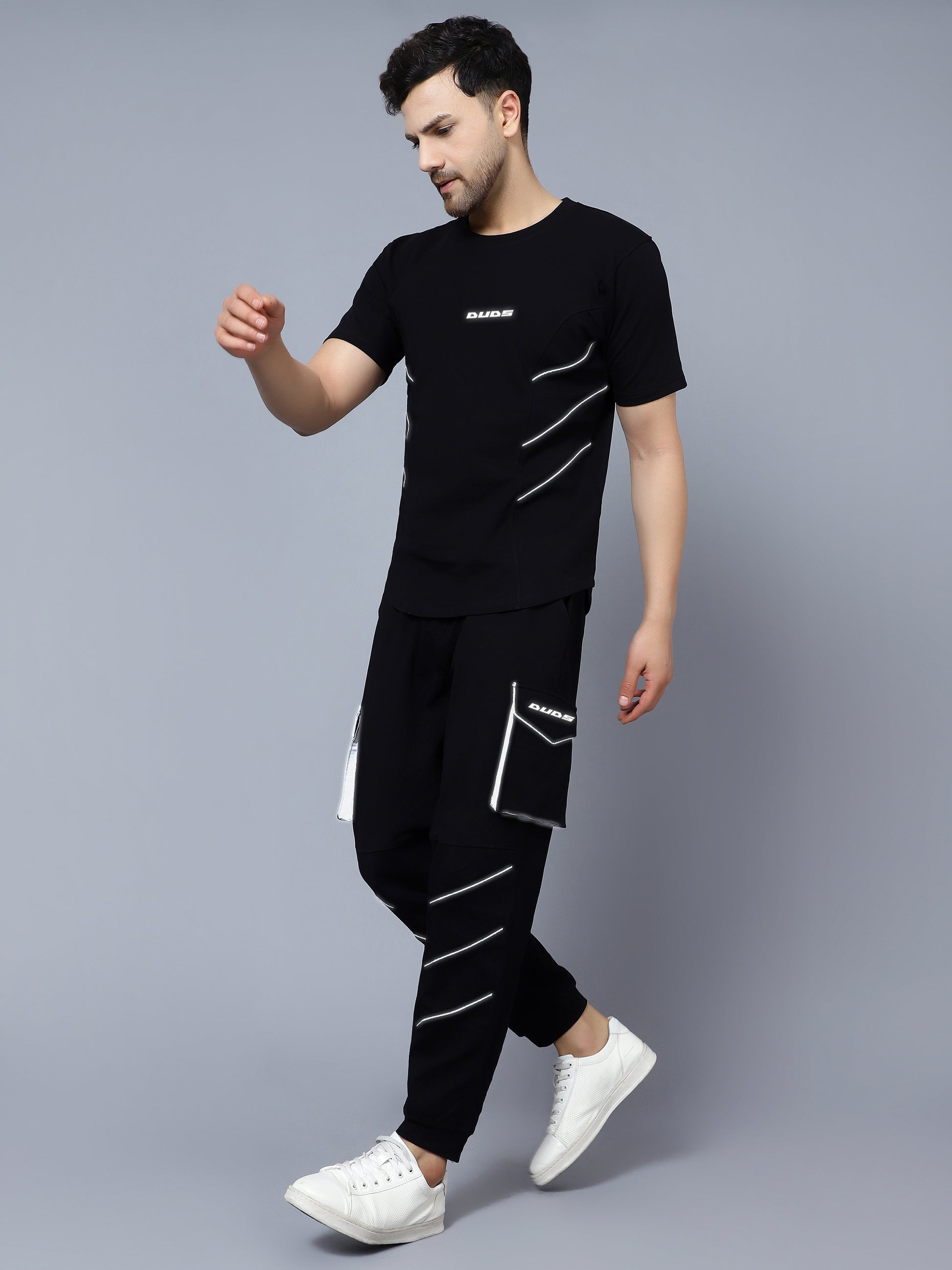Co-Ord Set Reflective Cargo Pants with T-Shirt (Black) - Wearduds