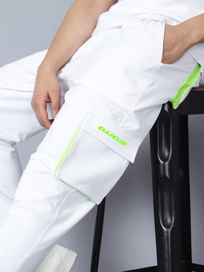 Cargo Pants (White With Neon Green Highlighter) - Wearduds